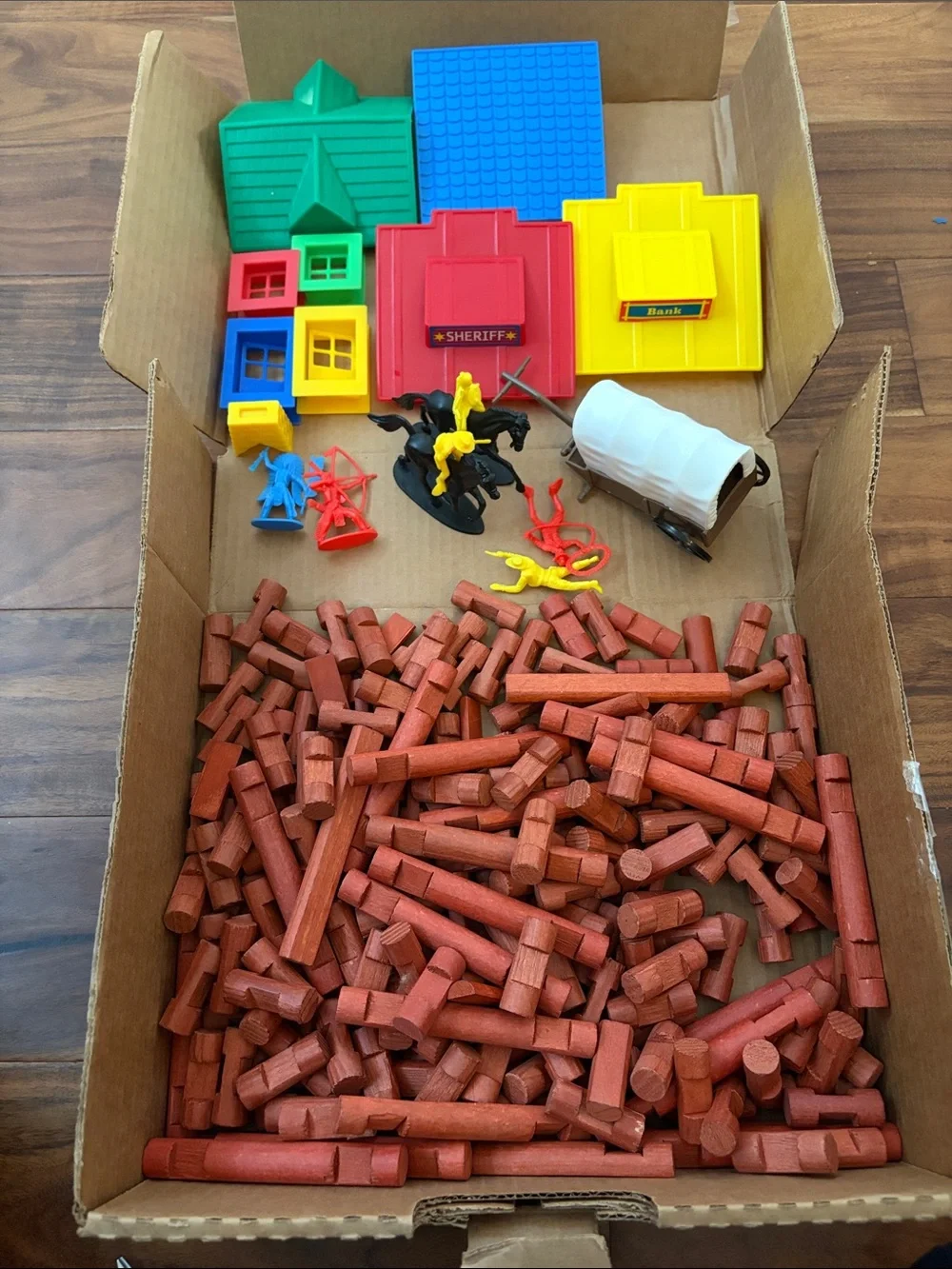 Colorful Kids Log-Building Playset with Red, Blue, Green & Yellow Accessories